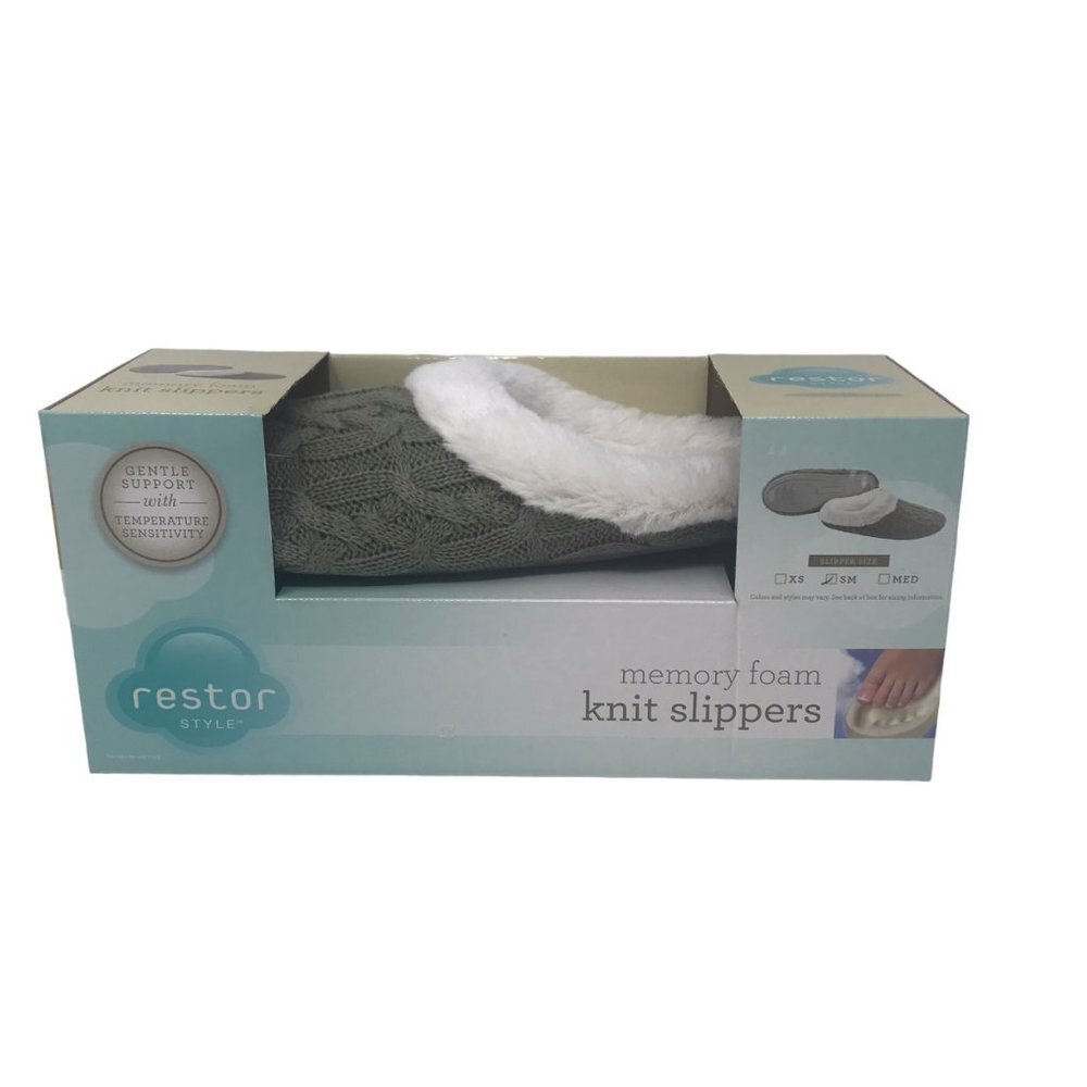 Restor Style Gray White Fleece Memory Foam Knit Sweater Slippers Xsmall XS